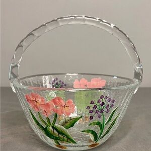 VTG Hand Painted Floral Crackle Crystal Glass Candy Dish/Bowl 8.5x7.5x7.5”